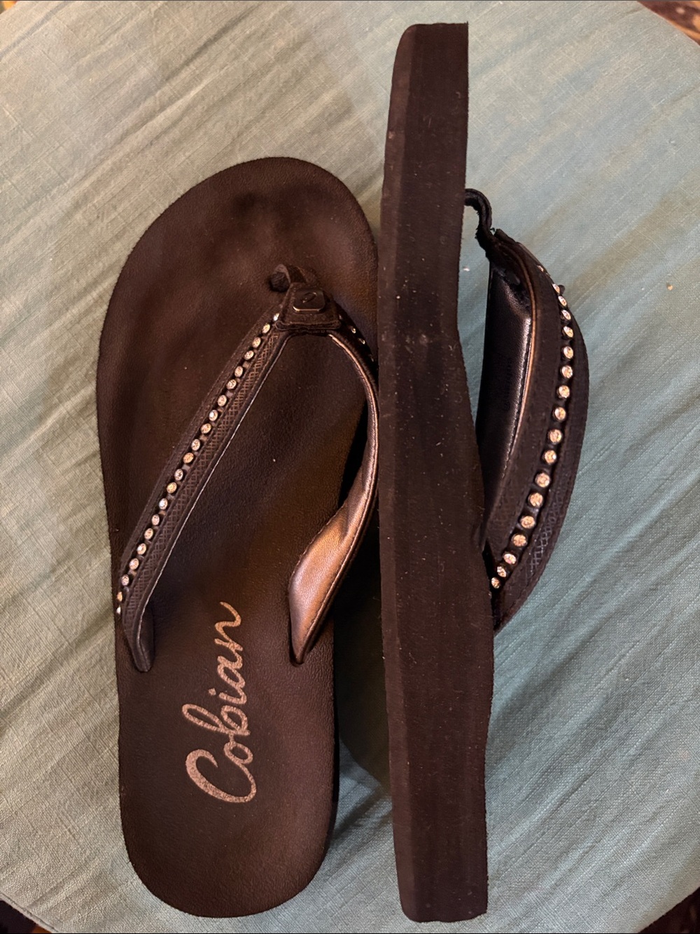Cobian Black Rhinestone Wedge Sandals